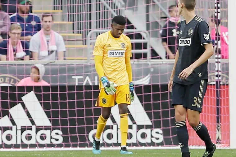 Union goalkeeper Andre Blake walks away from the net after NYC FC’s second goal of the game in the first half of the NYC FC at Philadelphia Union MLS soccer game at Talen Energy Stadium in Chester, Pa, on October 6, 2019.