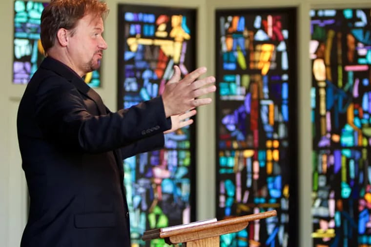 Frank Schaefer, the former Lebanon, Pa., Methodist minister, gestures while speaking to audience members Saturday May 2, 2015, at Gloria Dei Church in Huntingdon Valley. (Joseph Kaczmarek/For the Inquirer)