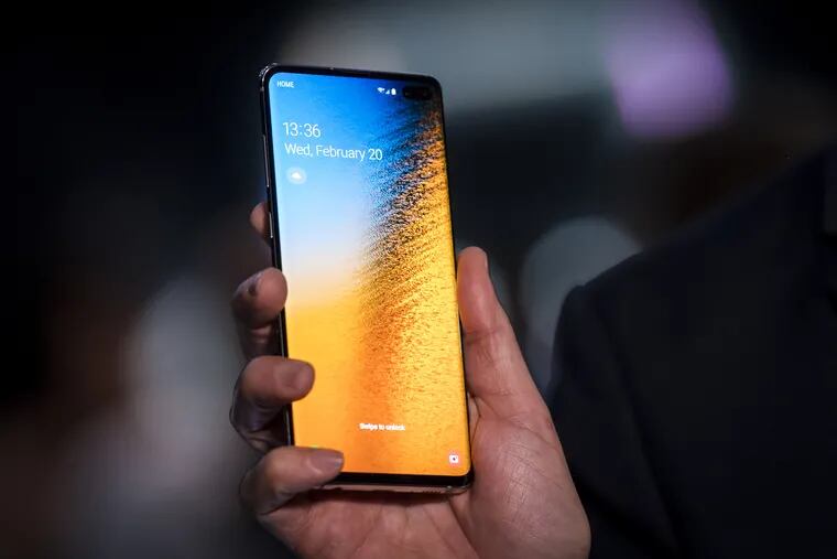 A Samsung Galaxy 10+ smartphone is shown during the Samsung Unpacked launch event in San Francisco on Feb. 20, 2019.
