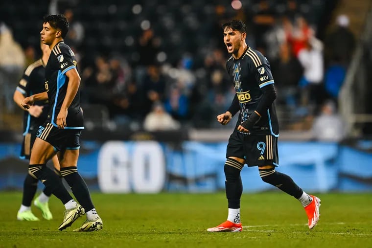 Julián Carranza (right) celebrates his goal early in the second half of the Union's 2-1 loss to New York City FC on Wednesday.