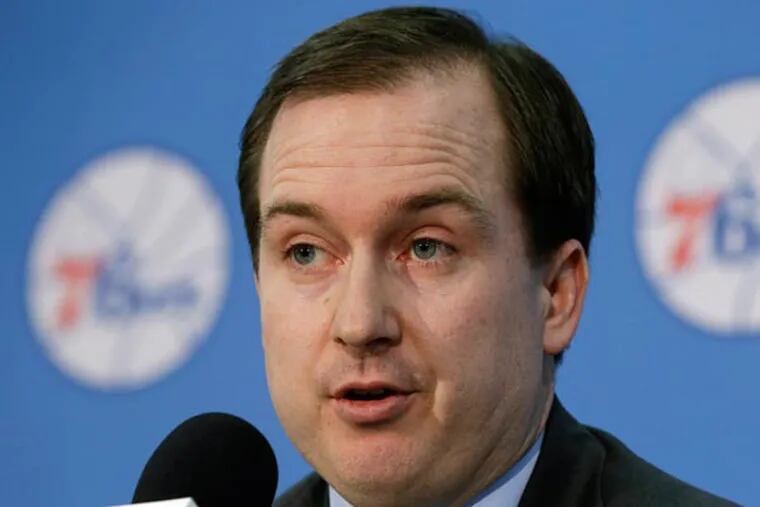 76ers general manager Sam Hinkie speaks at a news conference to introduce newly acquired rookie Nerlens Noel at the team's NBA basketball training facility, Tuesday, July 23, 2013, in Philadelphia. (Matt Rourke/AP)