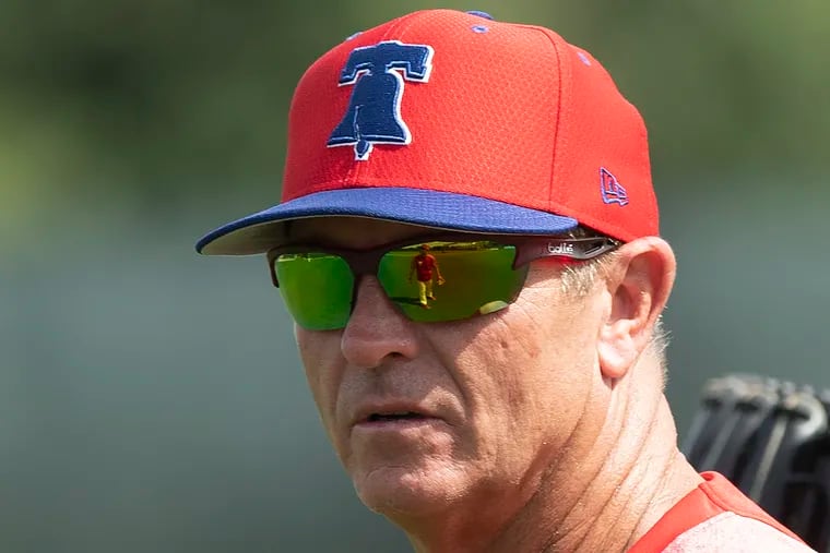 Phillies coach, Bobby Dickerson looks on during workouts at Spectrum Field in Clearwater, Fla. Wednesday, Feb. 20, 2019.