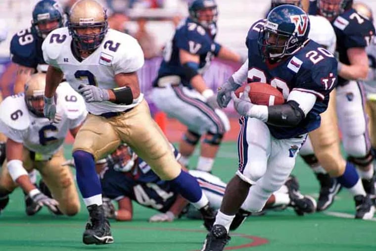 Former Villanova All-American Brian Westbrook (right), shown here in 2001, has been placed on the 2022 ballot for induction into the College Football Hall of Fame.