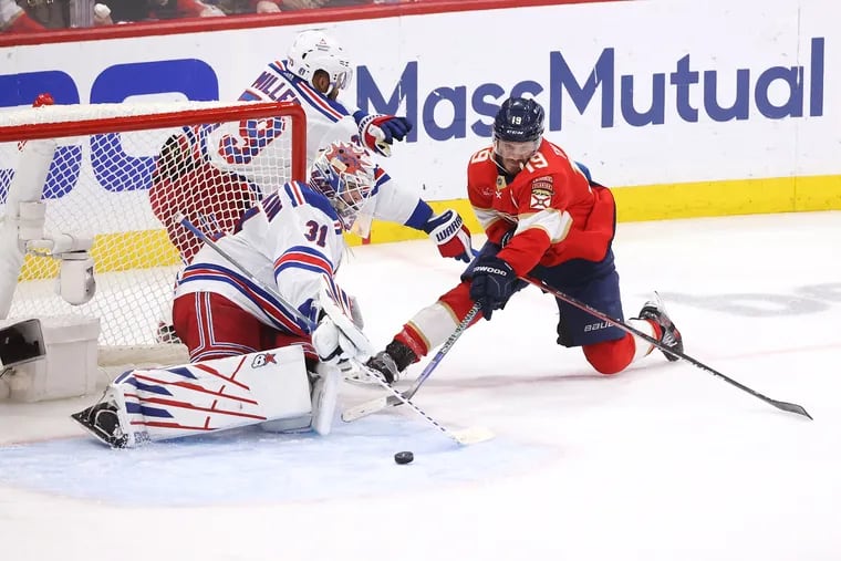 Goaltender Igor Shesterkin #31 of the New York Rangers stops a shot by Matthew Tkachuk #19 of the Florida Panthers in Game Four of the Eastern Conference Final of the 2024 Stanley Cup Playoffs at the Amerant Bank Arena on May 28, 2024 in Sunrise, Florida. (Photo by Joel Auerbach/Getty Images)