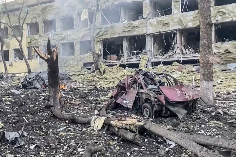 This image taken from video shows the aftermath of Mariupol Hospital after an attack on Wednesday.