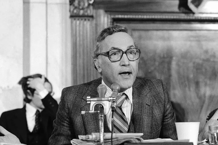 Sen. Richard Schweiker, R-Pa., a member of a Senate Health and Scientific Research subcommittee, during a meeting of the panel Wednesday, April 4, 1979 in Washington.  (AP File Photo/Charles Harrity)