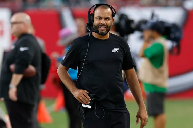 Eagles defensive coordinator Sean Desai before the Eagles played the Tampa Bay Buccaneers on Sept. 25.