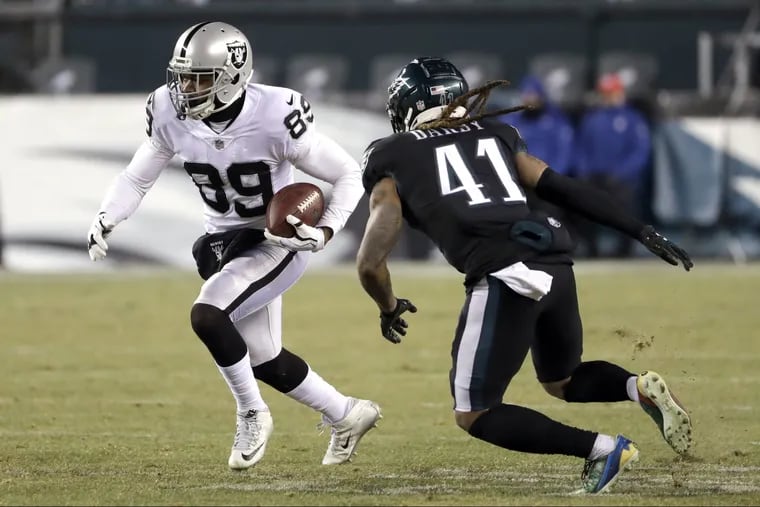 It wasn't this play, but it's still memorable: Amari Cooper (left) burned the Eagles for a 63-yard touchdown on a slant-and-go while with Oakland last Christmas night at Lincoln Financial Field.