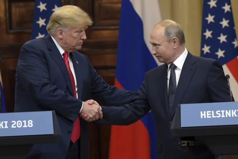 American President Trump (left) and Russian President Vladimir Putin (right) during the press conference after meeting in Presidential Palace. July 16, 2018. Finland, Helsinki.