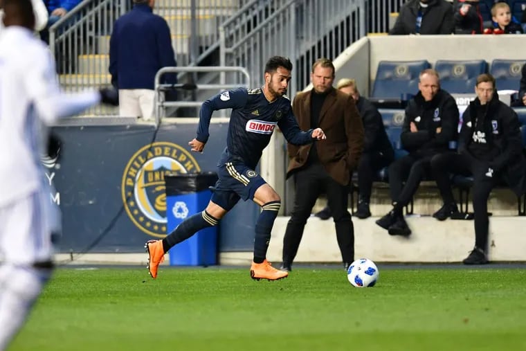 Matthew Real runs up the left wing with the ball during the Philadelphia Union’s 1-1 draw against the San Jose Earthquakes.