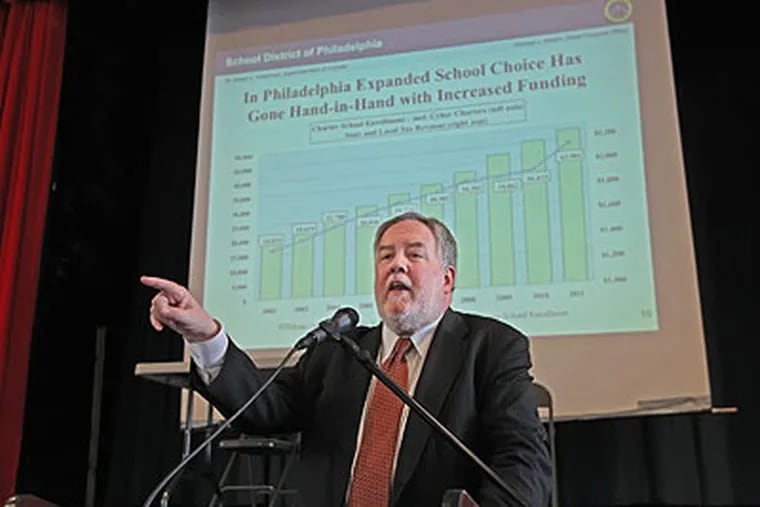 Philadelphia School District CFO Michael Masch stands before a full auditorium last week and with a PowerPoint presentation, explained where money is being cut and why funding is down in about 45 minutes. (Michael Bryant / Staff Photographer)