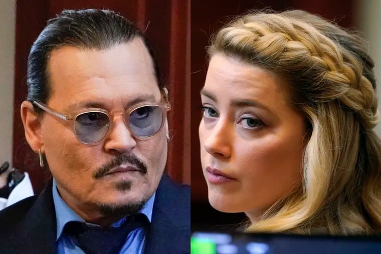 This combination of two separate photos shows actors Johnny Depp, left, and Amber Heard in the courtroom for closing arguments at the Fairfax County Circuit Courthouse in Fairfax, Va., on May 27.