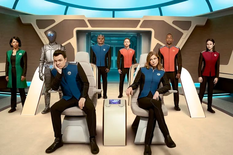 (From left): Penny Johnson Jerald, Mark Jackson, Seth MacFarlane, Peter Macon, Scott Grimes, Adrianne Palicki, J. Lee and Halston Sage in Fox's "The Orville," which returns on Sunday, Dec. 30.