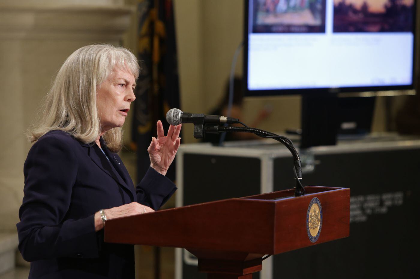 Kathleen Foster, senior curator of American Art at the Philadelphia Museum of Art, discusses the art-sharing initiative during a press conference at the Pennsylvania Capitol, on April 29, 2019.