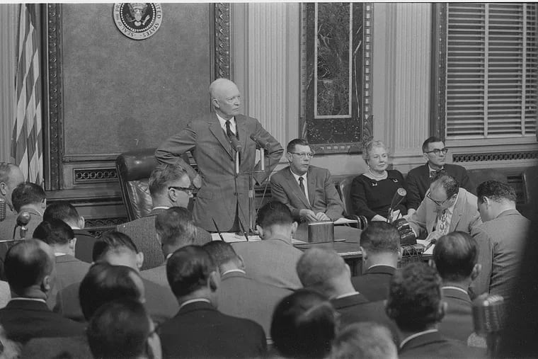 Eisenhower is shown here at a White House press conference in October 1957, a month before his health crisis.