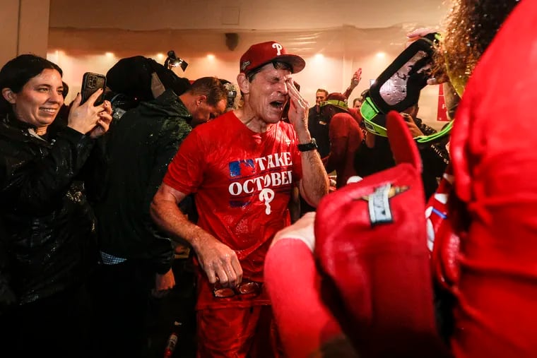 Managing partner John Middleton celebrating after the Phillies clinched a wild-card playoff spot. He gave credit to former GM Matt Klentak for selecting and developing several productive players.