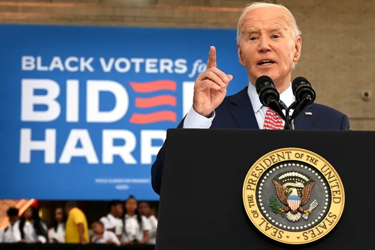 President Joe Biden speaks onstage in the gym at Girard College on Wednesday. He was joined by Vice President Kamala Harris to kick off their campaign’s “Black Voters for Biden-Harris” effort during a rally at the majority-Black prep school in Fairmount.