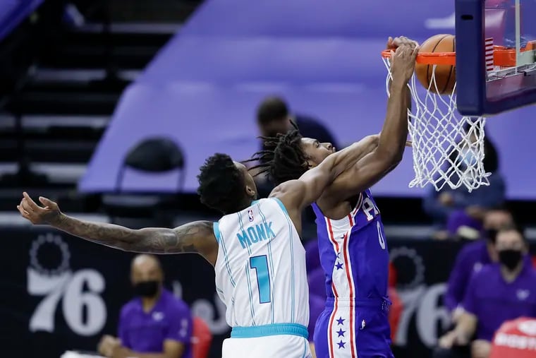 Sixers guard Tyrese Maxey goes in for a dunk during Monday's win over the Hornets. The rookie has had success driving to the basket, and if he can make teams respect him from the perimeter, that'll open up more lanes to the basket for him down the line.