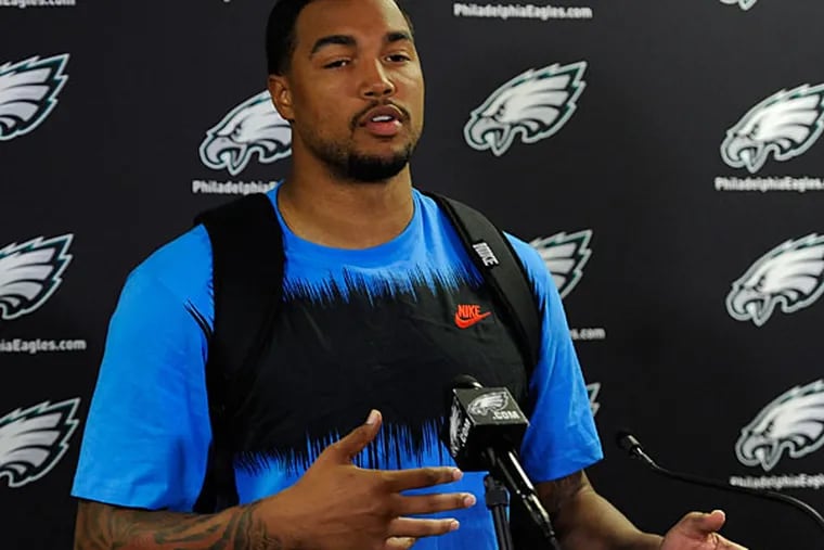 Eagles rookie Marcus Smith speaks to members of the media during an availability after rookie camp at the team's NFL football practice facility on Friday, May 16, 2014, in Philadelphia. (Michael Perez/AP)