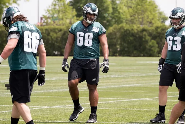 Eagles’ rookie offensive lineman Jordan Mailata during a rookie camp earlier this month.