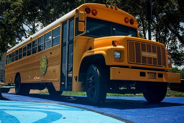 Warby Parker brought a modified school bus to Eakins Oval to use as a showroom. Customers can shop for frames starting at $95.