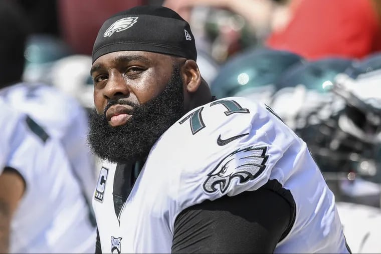 Eagles left tackle Jason Peters on the bench  during Sunday’s game at Washington.