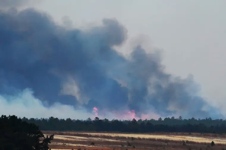 The Spring Hill fire and backfire burns in Woodland Township, N.J., Sunday, March, 31, 2019. Authorities say fire whipped by high winds has spread over thousands of acres of state forest land in the Pinelands of New Jersey.  (Ed Murray/NJ Advance Media via AP)
