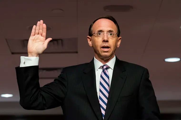 Former Deputy Attorney General Rod Rosenstein is sworn in before a Senate Judiciary Committee hearing on Capitol Hill in Washington on Wednesday.