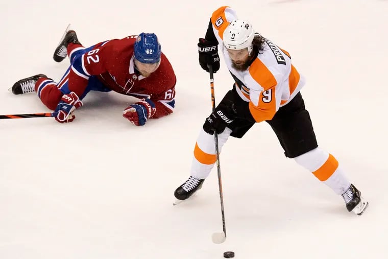 Flyers defenseman Ivan Provorov (9) leaves Montreal Canadiens left wing Artturi Lehkonen (62) on the ice in the first period.