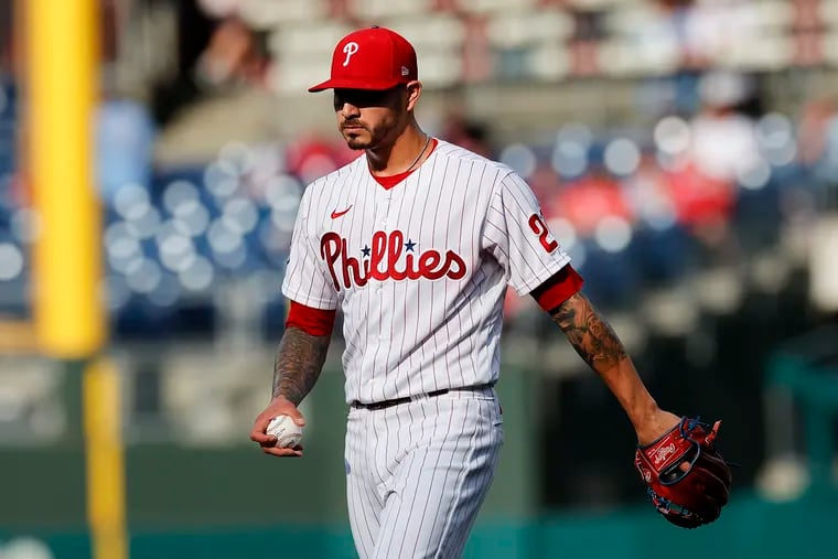 Phillies pitcher Vince Velasquez holds the baseball against the Atlanta Braves on Saturday, July 24, 2021 in Philadelphia. It was his last start for the Phillies at Citizens Bank Park.