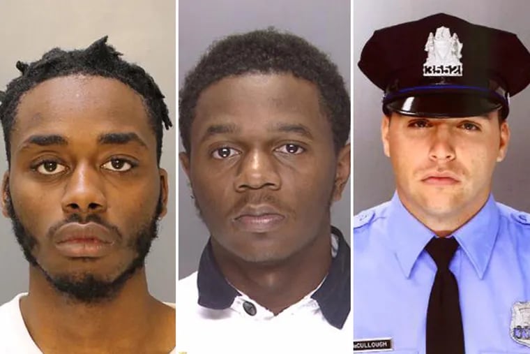 Scott Griffin (left) allegedly shot Philadelphia Police Officer James McCullough (right) in the leg on Sunday. Samir Coyett (center) was nabbed nearby and is also charged.