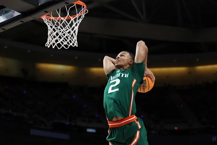 Miami Hurricanes guard Isaiah Wong rises up for a dunk during his team’s second-round NCAA Tournament victory over Indiana. No. 5 seed Miami is a big underdog in its Midwest Region Sweet 16 game against top-seeded Houston on Friday. (Photo by Patrick Smith/Getty Images)