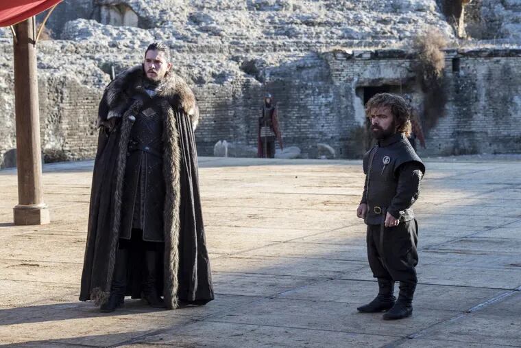 Kit Harington (left) and Peter Dinklage in a scene from the Season 7 finale of HBO's &quot;Game of Thrones&quot;