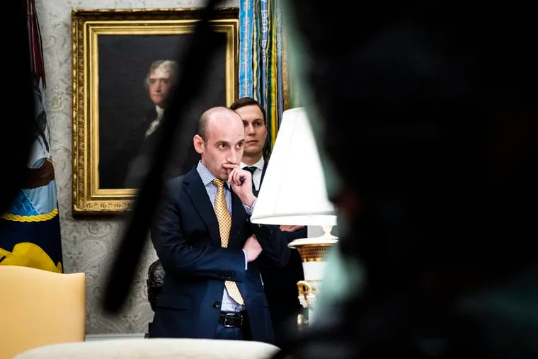 White House advisers Stephen Miller, left, and Jared Kushner listen as President Donald Trump speaks in the Oval Office as Guatemala signs a "safe third country" agreement to restrict asylum applications to the U.S. from Central America in July.