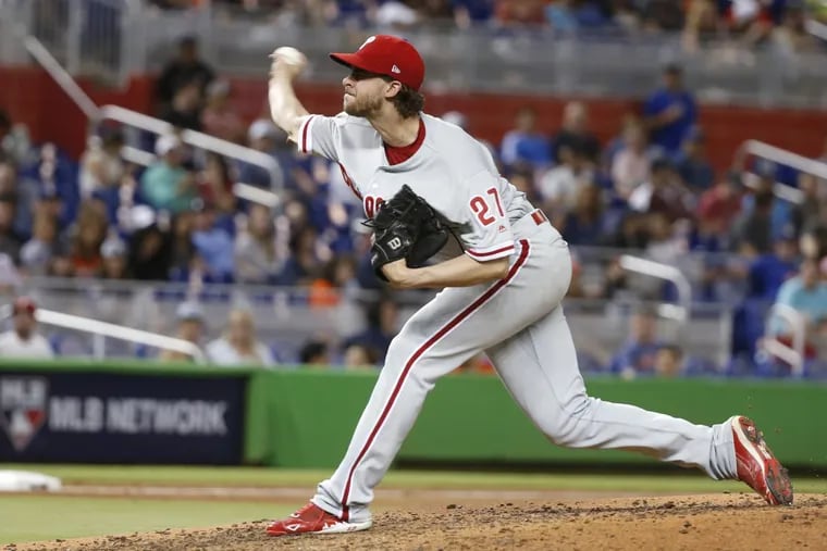 AaronNola delivers a pitch during the sixth inning against the Marlins.