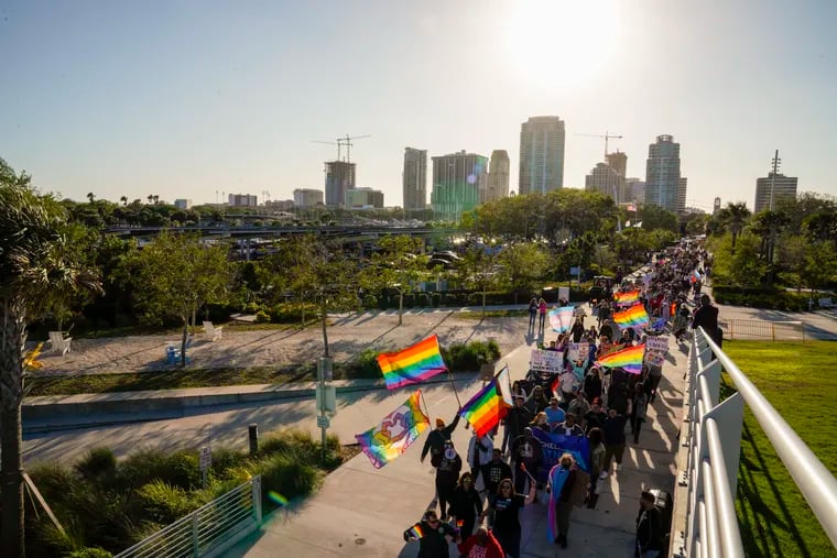 On March 12, 2022, marchers make their way toward the St. Pete Pier during a protest against the controversial “don't say gay" bill passed by Florida’s Republican-led legislature. The bill is now on its way to Governor Ron DeSantis’ desk.