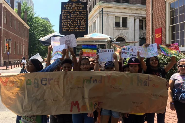 On May 31, fifth and sixth grade students from Science Leadership Academy Middle School recreated the Annual Reminder in Old City. From left: Damani Knox, Jordan Davies, Tamara Furman, Zhymirah Turner, Charen Fnu, Narayana Weld, Amiyah Hodges.