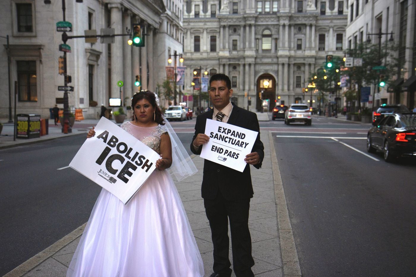 Linda Hernandez and her husband on their wedding day, protesting PARS and ICE as a Juntos initiative captured in the "Expand Sanctuary" documentary by filmmaker and festival programming director Kristal Sotomayor (not pictured) to be screened during the Philadelphia Latino Film Festival June 5.