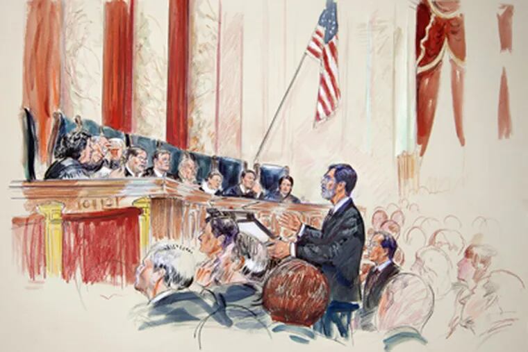 Artist's rendering of Deputy U.S. Solicitor General Edwin Kneedler speaking before the Supreme Court on Wednesday. (DANA VERKOUTERAN / Associated Press)