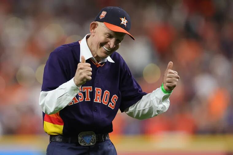 Jim "Mattress Mack" McIngvale throws out the first pitch prior to Game Six of the 2022 World Series at Minute Maid Park on November 05, 2022 in Houston, Texas. (Photo by Carmen Mandato/Getty Images)