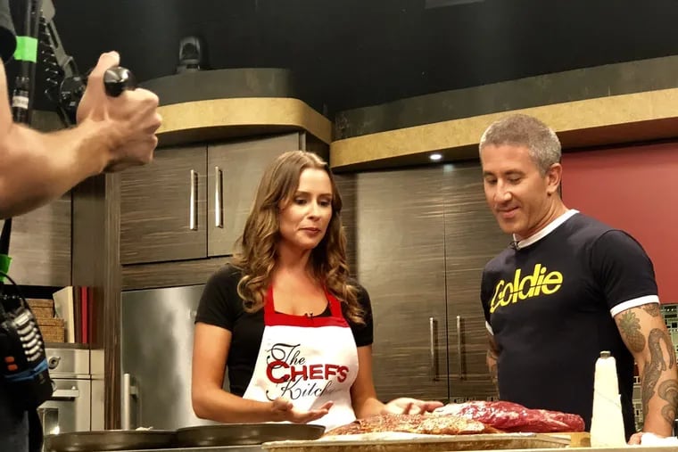 Mike Solomonov shoots an episode of "The Chef's Kitchen" with host Nicole Gaffney and producer Steven Horn at the PBS station in Bethlehem.