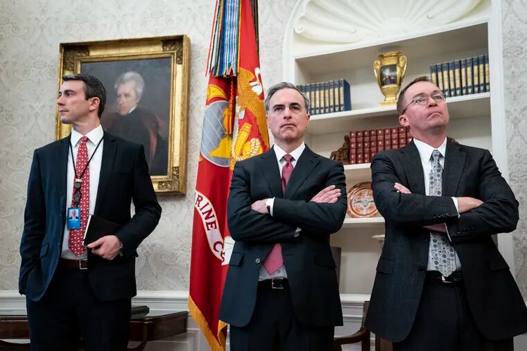 White House counsel Pat Cipollone (center), and Acting Chief of Staff Mick Mulvaney (right), in 2018.