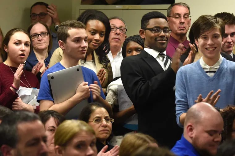 Student actors from the cast of the Cherry Hill High School East spring musical Ragtime attend meeting of the Cherry Hill school board January 24, 2017 to discuss use of the N-word in the  play. TOM GRALISH / Staff Photographer
