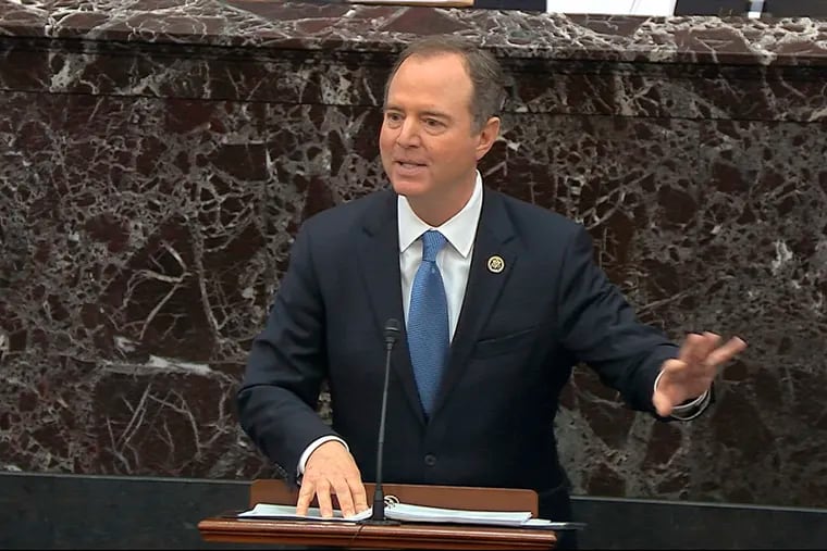 In this image from video, House impeachment manager Rep. Adam Schiff (D., Calif.) speaks during the impeachment trial against President Donald Trump in the Senate at the U.S. Capitol in Washington on Thursday.