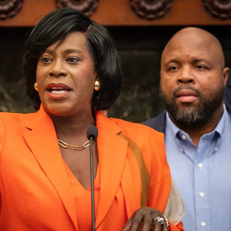 Mayor Cherelle Parker, standing at a news conference in the Mayors Reception Room in November when she introduced her transition committee. Her administration has taken shape over the last five months, and some of her closest aides have salaries notably higher than their predecessors.