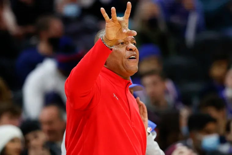 Sixers Head Coach Doc Rivers signals to his team during the fourth quarter against the Atlanta Hawks on Thursday, December 23, 2021 in Philadelphia.