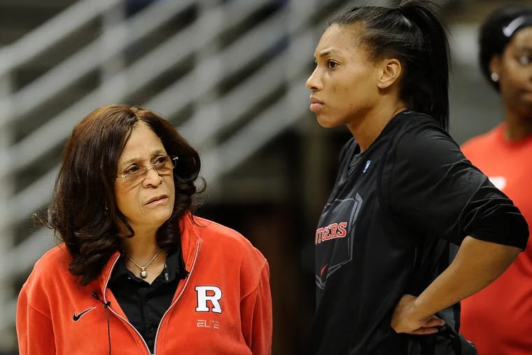 C. Vivian Stringer (left) with Betnijah Laney when Laney played at Rutgers in 2015.