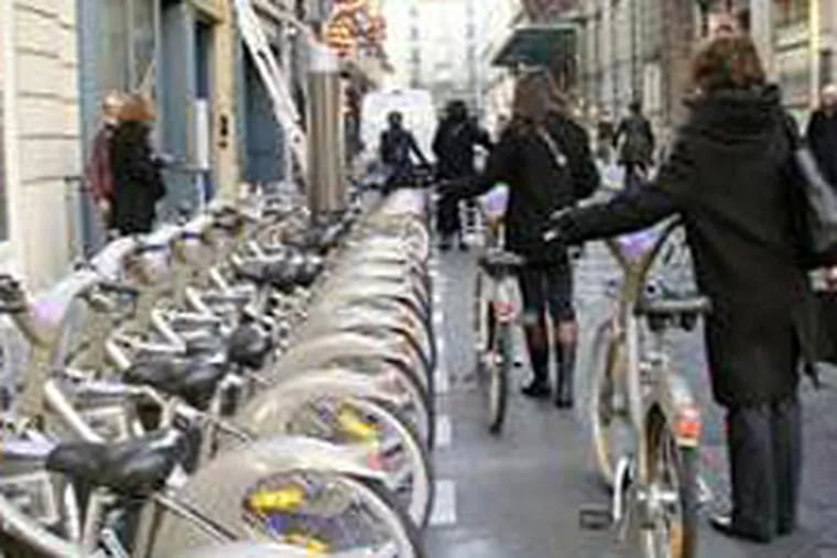 A street scene in France where bike sharing has become reality.