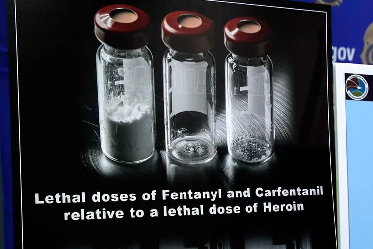 Posters comparing lethal amounts of heroin, fentanyl, and carfentanil.