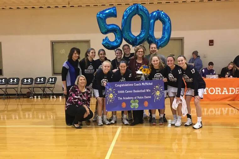 Academy of Notre Dame knocked off Mount St. Joseph, 58-41, on Sunday to give coach Mary Beth McNichol career victory No. 500.